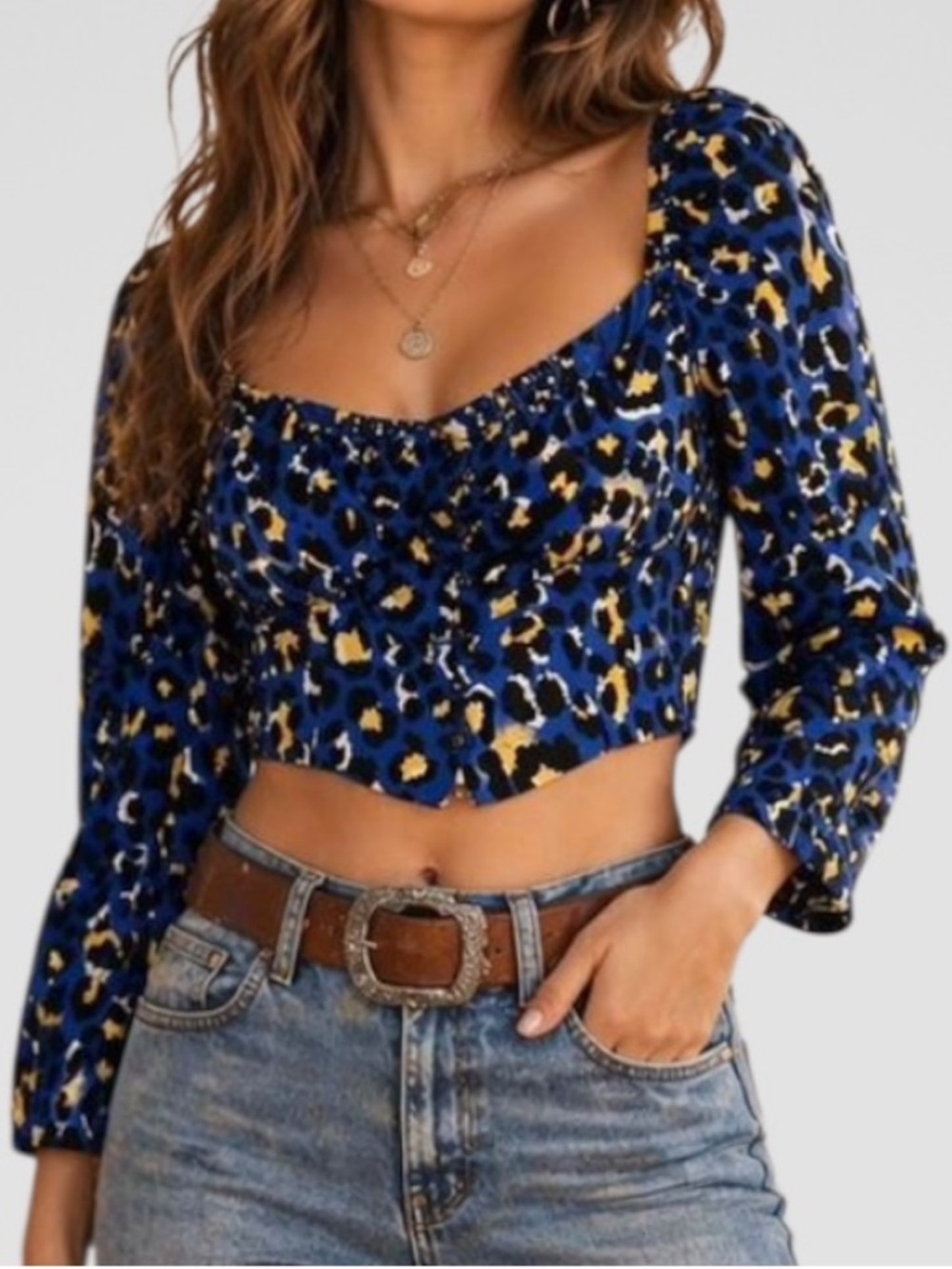 NWT RAHI Chloe Puff Shoulder Blue Animal Print Crop Top Size XS